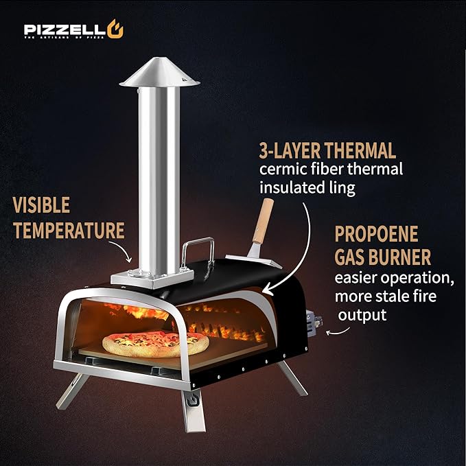 PIZZELLO 12" Outdoor Pizza Oven Propane and Wood Fired Pizza Maker Multi-Fuel Pizza Ovens with Gas Burner, Wood Tray, Stone, Pizza Peel, Cover, Forte Gas (Black)