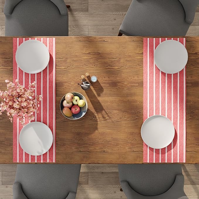 Encasa XO Cotton Dining Table Runner | Roma Red Stripes | Size 13x36 in - Machine Washable & Durable