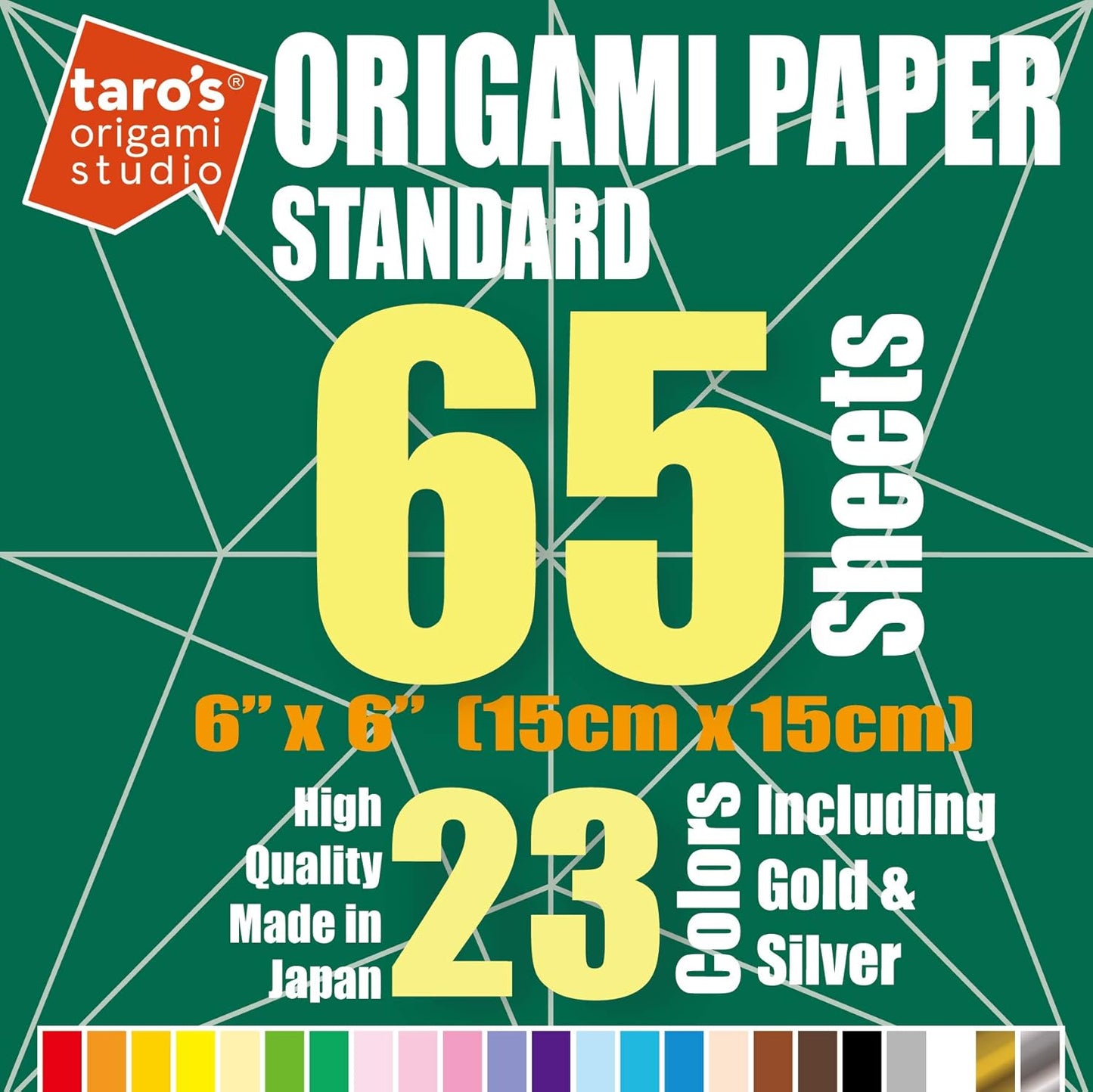 [Taro's Origami Studio] Standard 6 Inch One Sided 23 Colors 65 Sheets Square Easy Fold Premium Japanese Paper for Beginner (Gold and Silver Included)