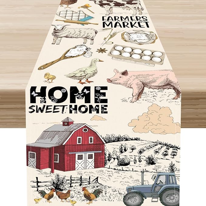 Farmhouse Rooster Table Runner, Rustic Cow Chicken Pig House Animals Coffee Table Center Decor for Family Kitchen Dining Room and Living Room Outdoor Country Holiday Party Table Decorations, 13"x36"