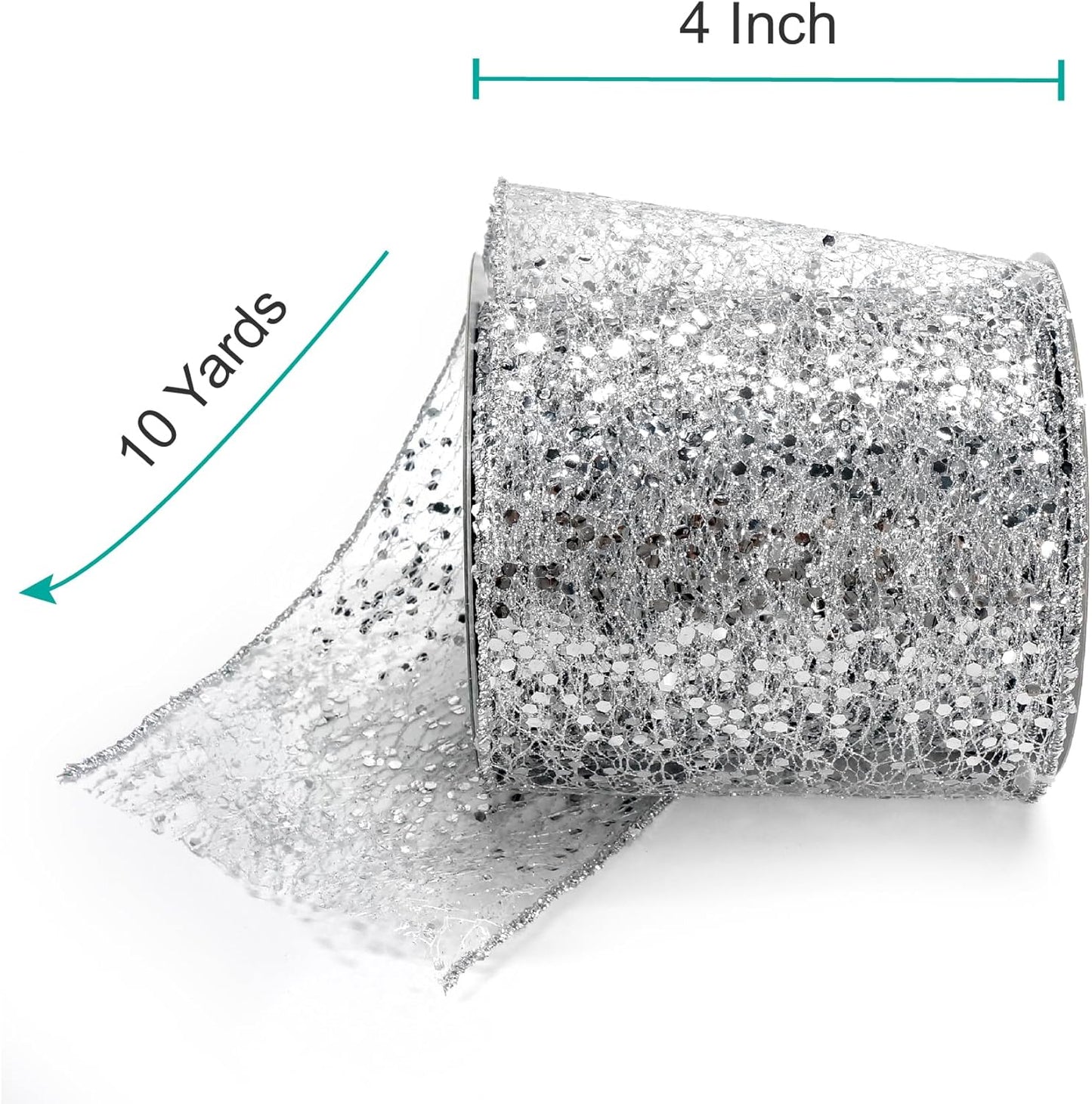 CT CRAFT LLC Sparkling Glitter Mesh Wired Ribbon 4" x 10 Yards Silver for Christmas Home Decor Bow Gift Wrapping DIY Crafts Wreath