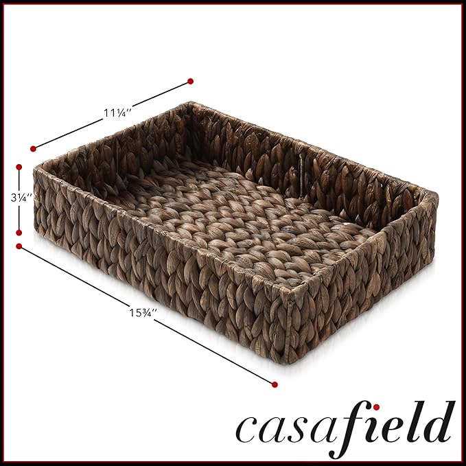 Casafield Set of 2 Bathroom Storage Baskets, Espresso - Water Hyacinth, 15.75" W x 11.25" D x 3.25" H, Woven Toilet Tank Topper Bins for Organizing Tissues, Toilet Paper, Toiletries, Shelves