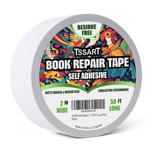 Book Repair Tape - Self Adhesive Matte Book Binding Tape for Reinforcing Protecting, and Covering Mending Books Old Books - 2 Inch Wide x 50 FT Long, White