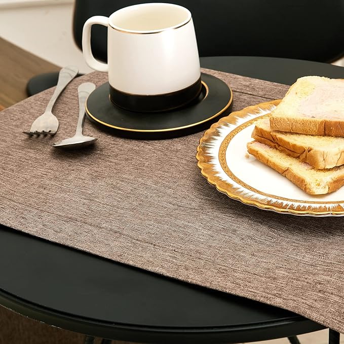 Mebakuk Linen Farmhouse Table Runner Large Burlap Style Soft and Waterproof Decorative Fabric Runner for Outdoor Wedding and Dinner (14 x 72 Inch, Flaxen)