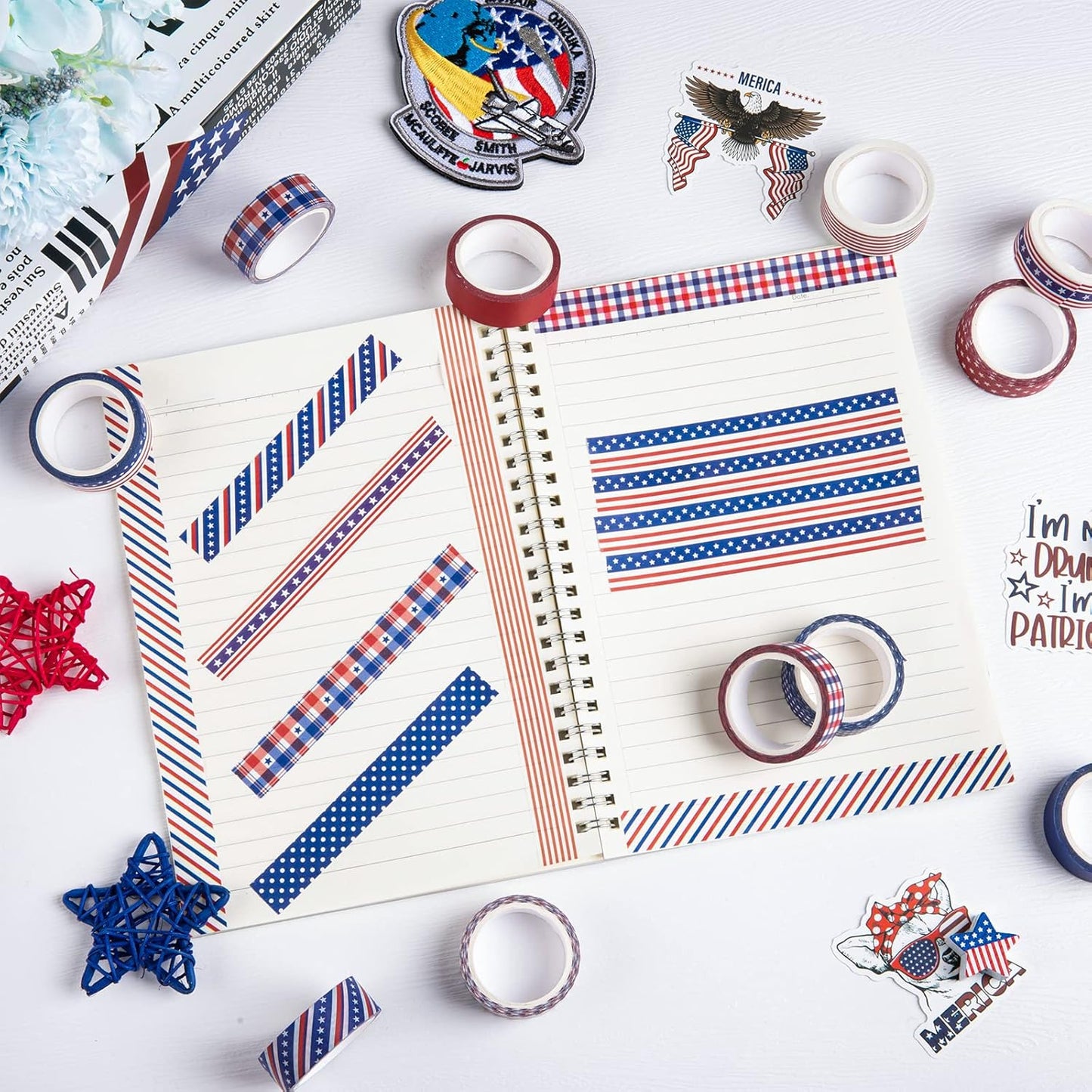 Whaline 12 Rolls 4th of July Washi Tape Patriotic Stars Stripes Washi Masking Tape Red Blue White Plaids Decorative Paper Stickers for Independence Day Scrapbook Gift Wrapping DIY Art Crafts