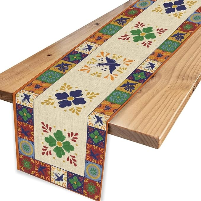 Mexican Table Runner, Orange Floral Birds Mexico Talavera Ceramic Dia De Los Muertos Coffee Table Center Decor for Family Home Kitchen and Dining Farmhouse Indoor Outdoor Table Decorations, 13" X 36"