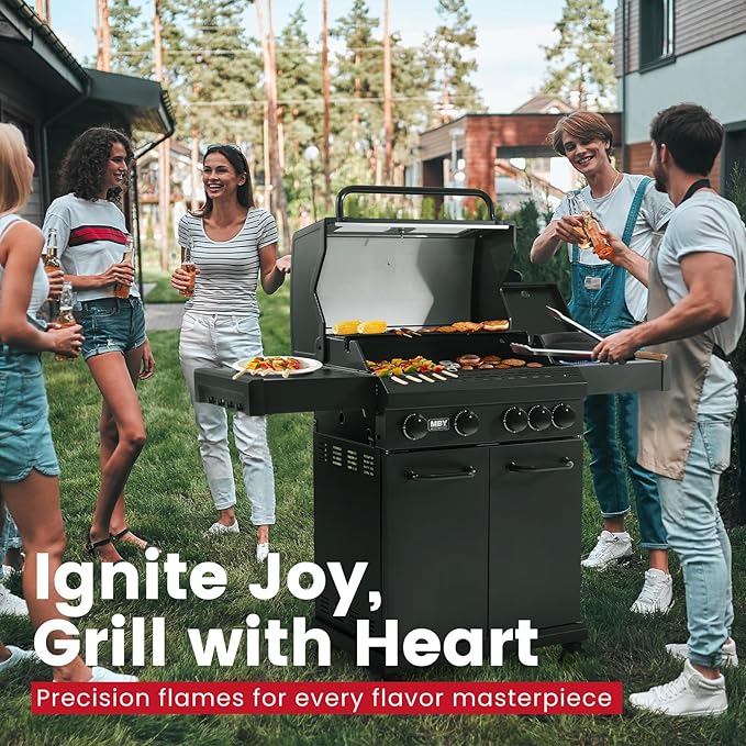 4 Burner Propane Grill,50000 BTU BBQ Grill with Side Burner and Enameled Cast Iron Grates,Visible Window Gas Grill with Wheels for Outdoor Cooking, Patio, Garden Barbecue Griliing