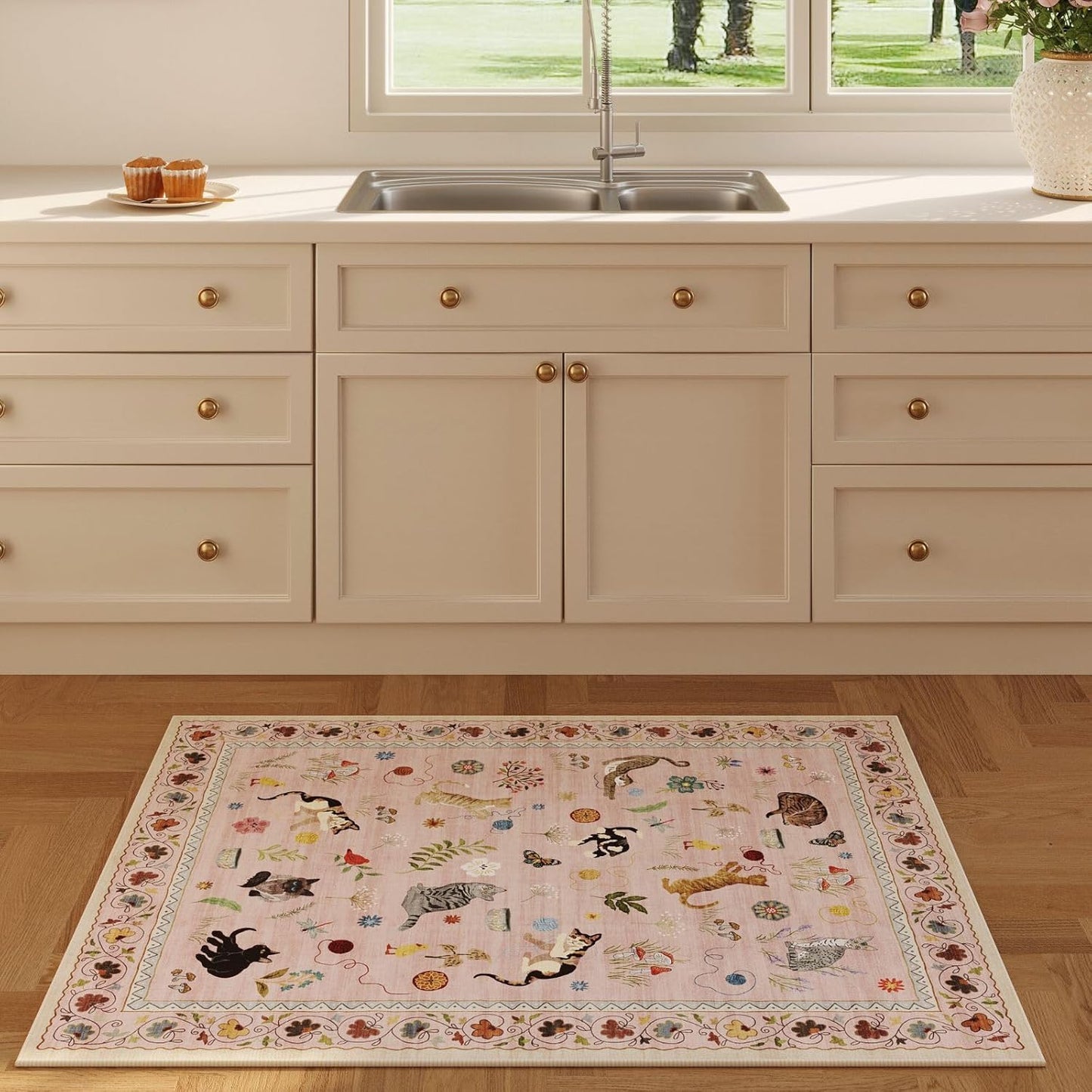 Rugcomf Door Mat Indoor Entrance 2x3 Rug Machine Washable Boho Floral Animal Cat Small Area Rug Non-Slip Low Pile Throw Rugs for Entryway Kitchen Front Door Indoor Entrance Entry Kids Room, Pink