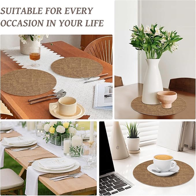 13" Round Placemats Set of 12, Reversible Faux Leather Heat Resistant Table Mats, 100% Waterproof Oilproof Wipeable Table Protective Placemats for Vinyl, Washable for Indoor (12, Light Brown)