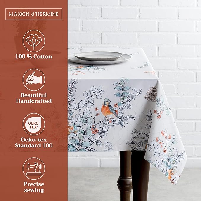 Maison d' Hermine Table Cloth Rectangle Table 100% Cotton 54 x 72 Inches Fall Tablecloth Reusable Everyday Use for Thanksgiving Christmas Decorations Dining Farmhouse Party (Whitish Shabby Chique)