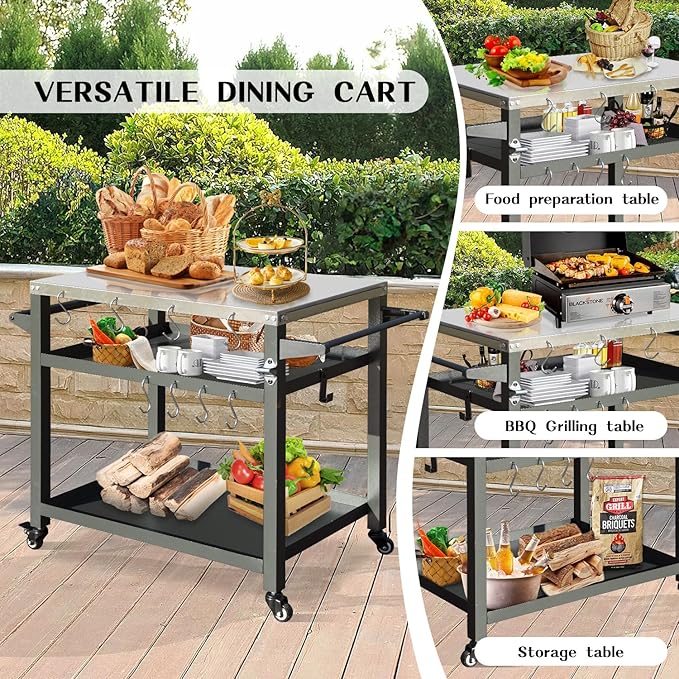 Domi 3-Tier Outdoor BBQ Grill Cart with Lockable Wheels | Portable Pizza Oven Stand & Food Prep Station | Blackstone Griddle with Stainless Steel Tabletop All-Weather Patio Cooking Center