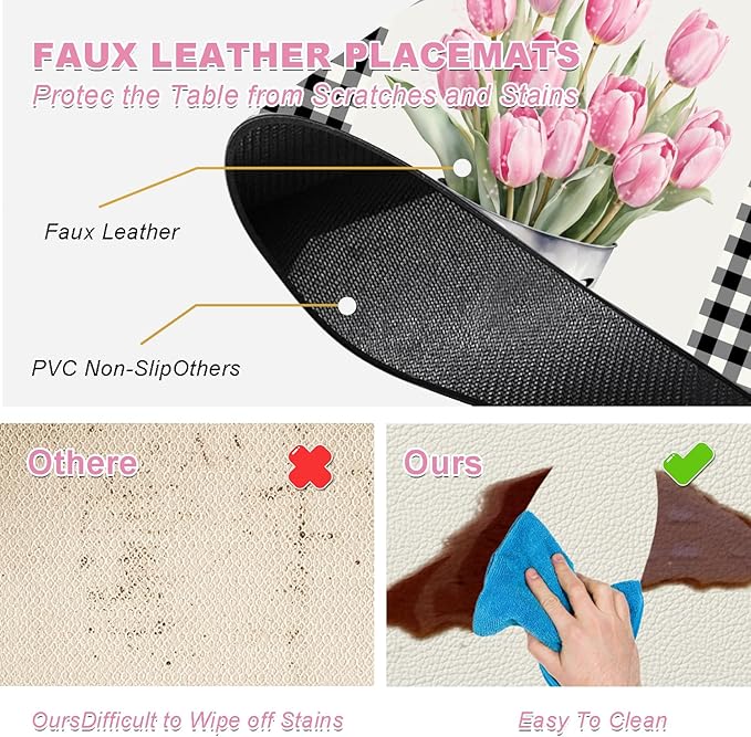 Placemats Set of 4 - Faux Leather Heat Resistant Placemats for Dinner Table, Non-Slip Waterproof Oil-Proof Washable Reusable Placemat for Indoor Outdoor Kitchen Decor, 15.75In*11.81In