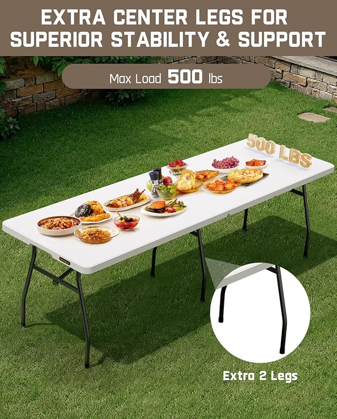 FanttikOutdoor 8ft Folding Table with Six Legs, 500 LBS Heavy Duty Plastic Fold-in-Half Table, Foldable Table w/Handle for Indoor Outdoor Party Wedding Office Camping Banquet, White Zeta X8 Pro