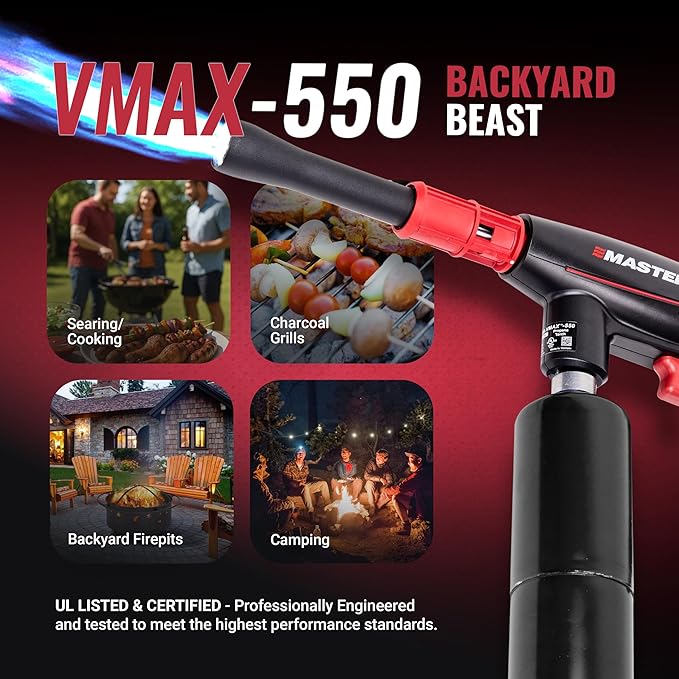MASTER APPLIANCE VMAX-550 2-in-1 Propane Torch - High Powered Grill Gun & Fire Pit Starter - Self-Igniting Flame for BBQ's, Charcoal, Campfires & Sous Vide - Pro Grade Design, Engineered in USA