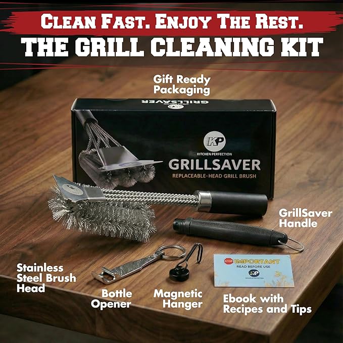 KITCHEN PERFECTION GrillSaver - Safe BBQ Grill Brush with Replaceable Cleaning Head - Heavy-Duty Grill Cleaner with Scraper, Magnetic Hanger, Bottle Opener -Powerful Cleaning Tool for All Grill Grates