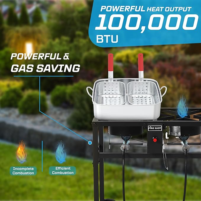 Deep Fryer with Double Burner Propane Stove Outdoor, 2×18QT Aluminum Pots & Frying Baskets, 100,000 BTU High-Power, Fish Fryer for Wings, Fries, Cajun Fry
