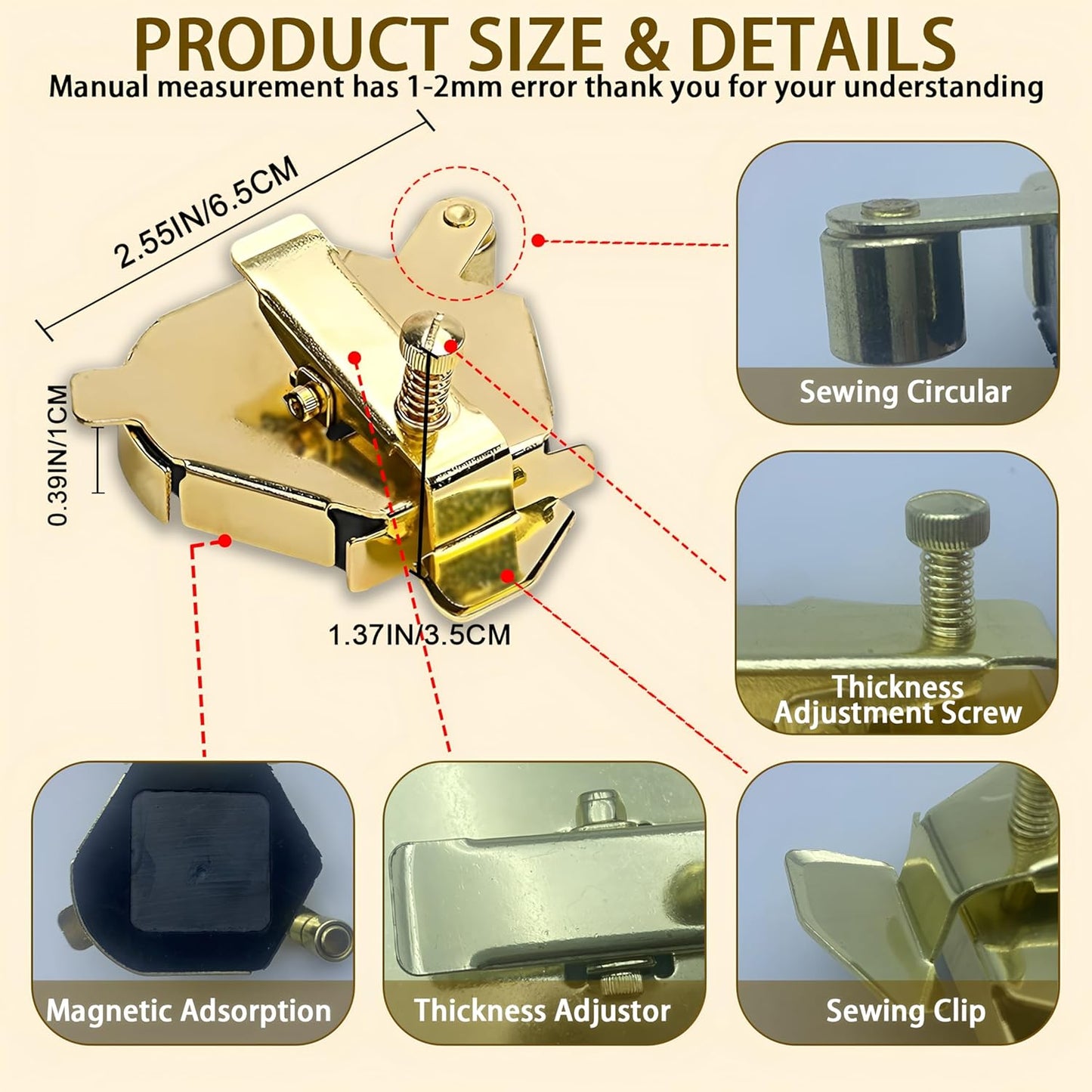 Magnetic Sewing Guide,Upgraded Multi-Purpose Magnetic Seam Guide for Sewing Machine,Quilting Accessory for Professionals&Beginner,Edge Retaining/Positioning/Anti-Curling/Pressing of Topstitching(Gold)