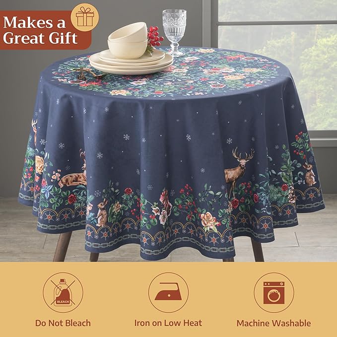Maison d' Hermine Table Cloth Round Table 100% Cotton 63 Inches Fall Tablecloth Reusable Everyday Use for Thanksgiving Christmas Decorations Dining Farmhouse Party (Christmas Joy)