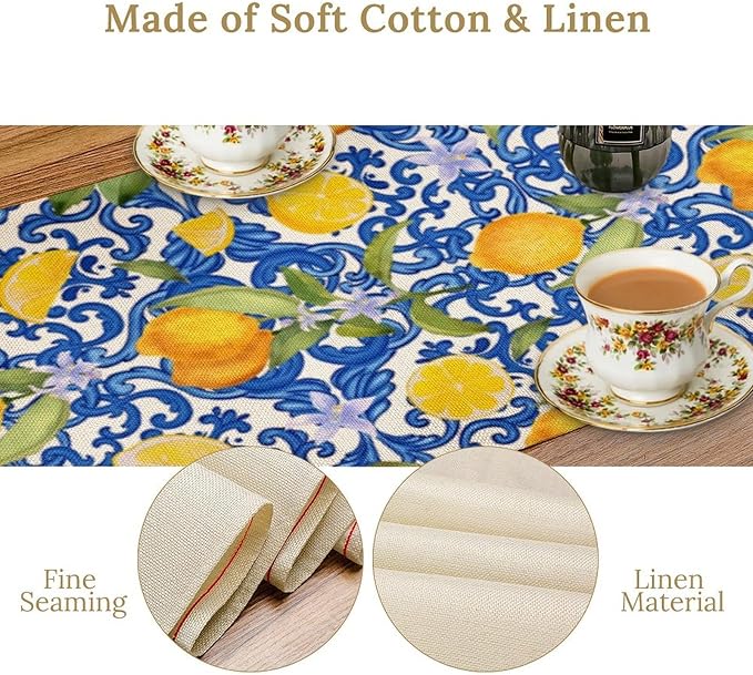 Rustic Lemon Table Runner,Vintage Morocco Blue Mediterranean Spring Summer Fruit Print Table Runner for Farmhouse Kitchen Dining Table Home Party Decor 13x90in