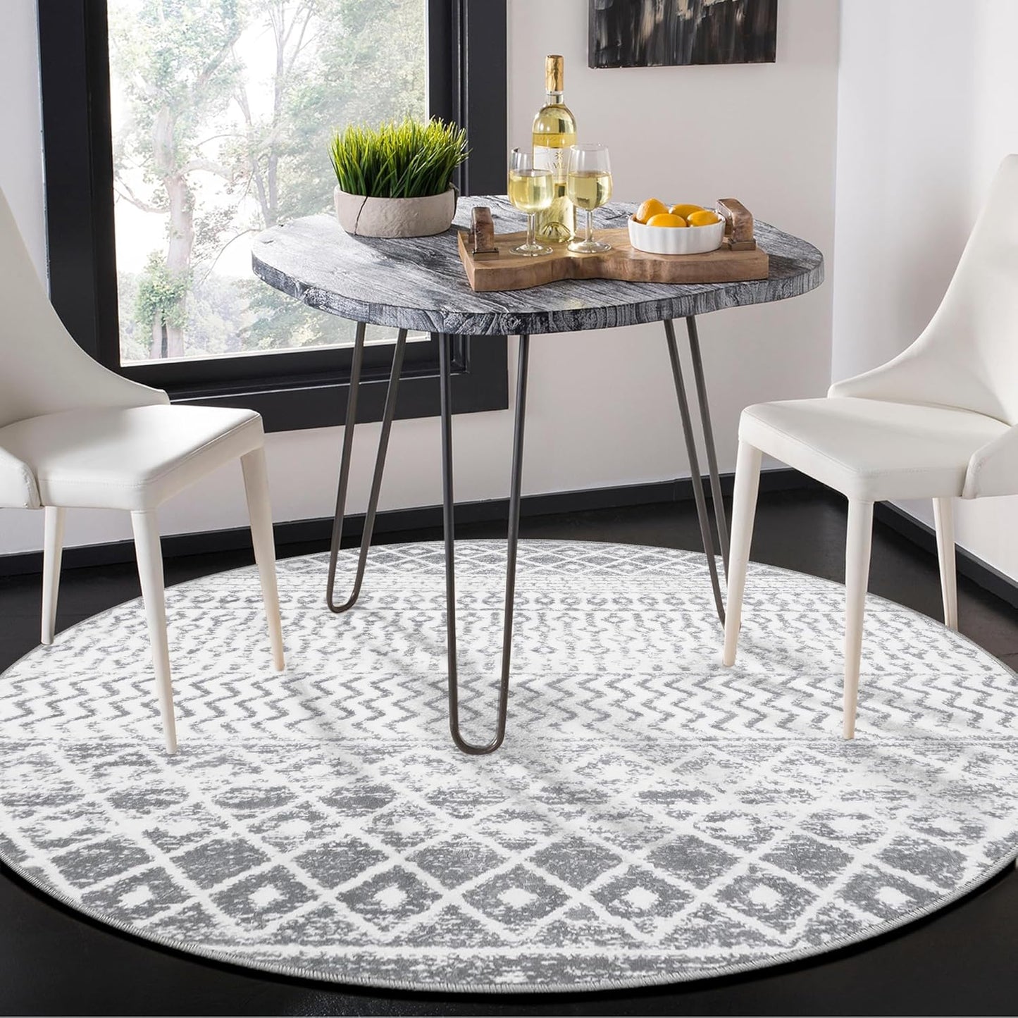 Moroccan Washable Round Rug, 4ft Grey Circle Rug Non Slip with Rubber Backing, Soft Non-Shedding Neutral Area Rug Indoor Floor Carpet for Bedroom Living Room Dining Room