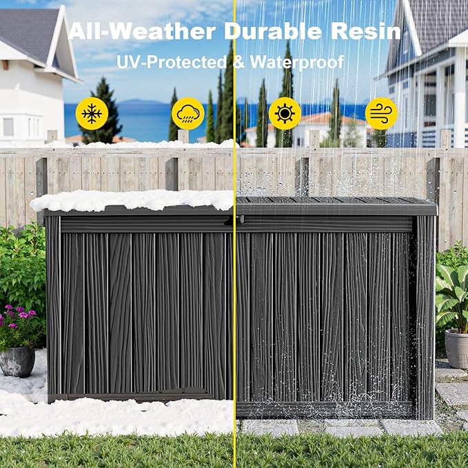 180 Gallon Waterproof Outdoor Storage Box, UV Resistant Resin Deck Box with Hydraulic Rod for Reinforced Stability, Perfect for Patio, Garden, and Pool（Black，180 Gallon）