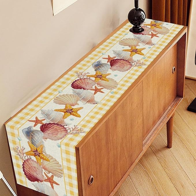 Coastal Table Runners, Yellow Plaid Buffalo Nautical Ocean Starfish Coral Seashell Pearl Beach Summer Coffee Table Center Decor for Family Wedding Holiday Party Farmhouse Table Decorations, 13" X 72"