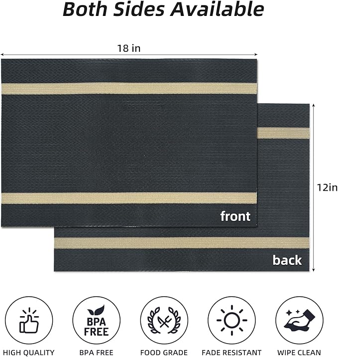 Luxurious Placemats Set of 8,Vinyl Table Place Mats Stain Resistant Foldable Placemats Washable Wipeable Placemat for Kitchen Dining Table Decoration Indoor Outdoor (Black)