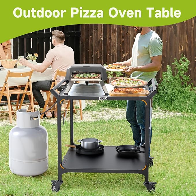 NUUK Grill Cart 32" x 32" Stainless Steel Pizza Oven Table with Double-Shelf Rolling Kitchen Island Cooking Station, Indoor & Outdoor Food Prep Cart