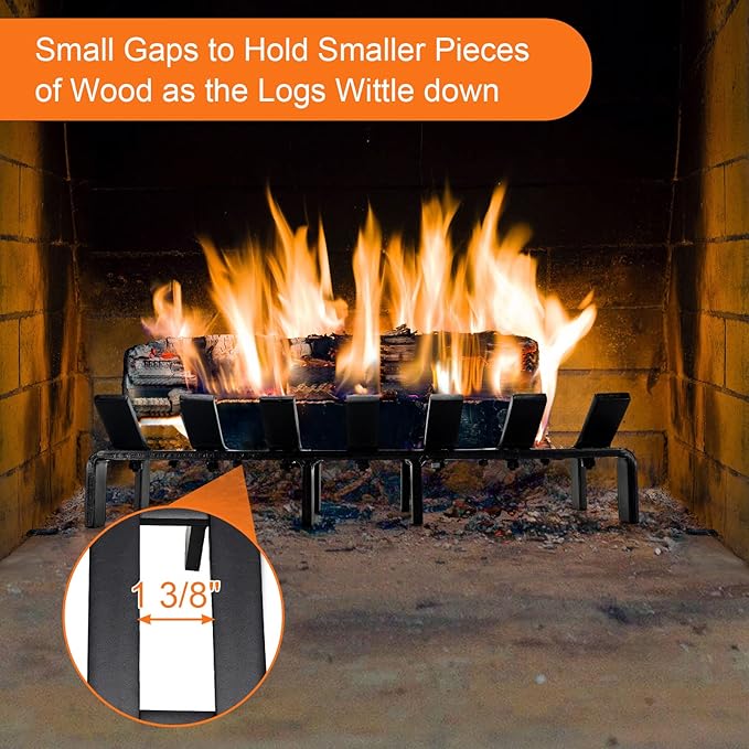 17“ Fireplace Grates Wood Stove Grate Rack Stove Burning Rack Heavy Duty Solid Steel 7-Bars Firewood Holder Easy Assembly Fire Grate for Indoor Hearth Outdoor Firepit Matt Black