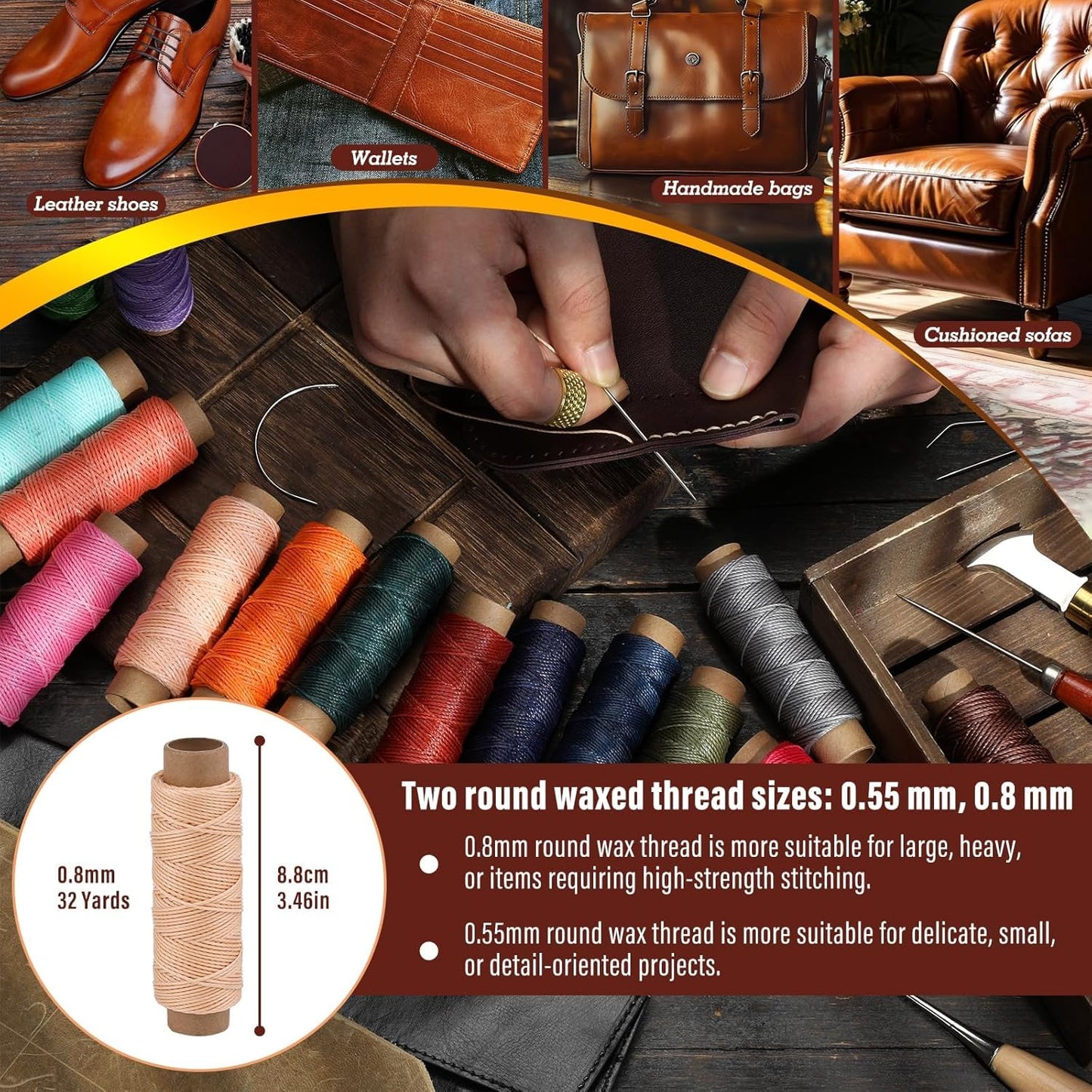 0.8 mm Leather Sewing Thread, 16 Colors 32 Yards Waxed Thread, Round Waxed Thread,Wax String for Bracelet Making, Sewing Stitching, Bookbinding, Braiding, Beading