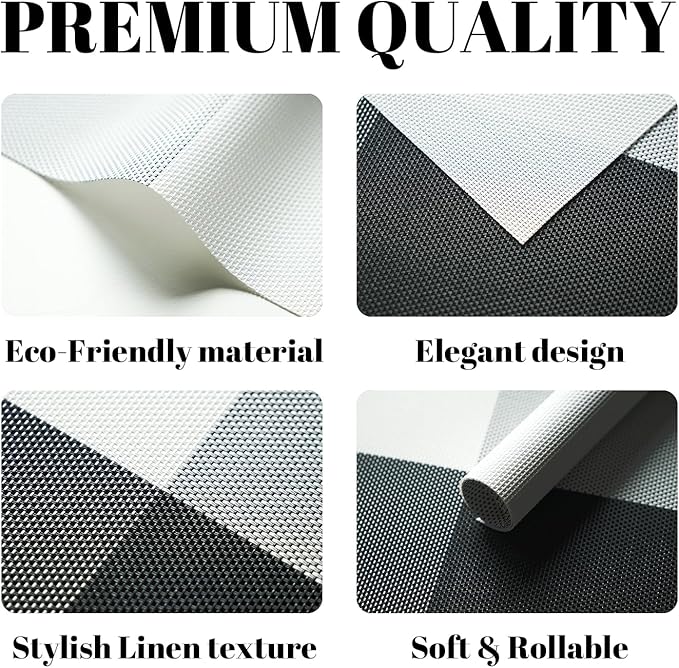 Placemats Set of 6 Vinyl/Plastic Woven Place Mats for Kitchen Table Indoor/Outdoor Washable Placemat Wipeable Dining Table Mats (Grey Grid,6)
