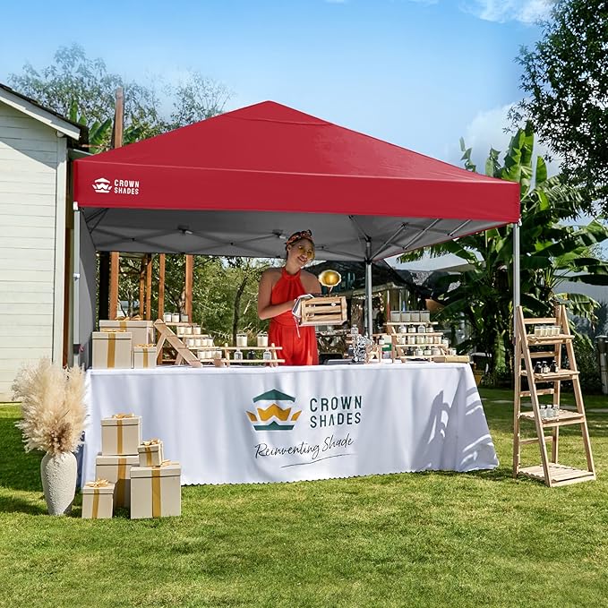 CROWN SHADES 8x8 Pop Up Canopy with 1 Side Wall - Beach Tent with One Push Setup - Outdoor Sun Shade for Events, Parties, Camping - Gazebo with STO-N-Go Cover Bag (Red)