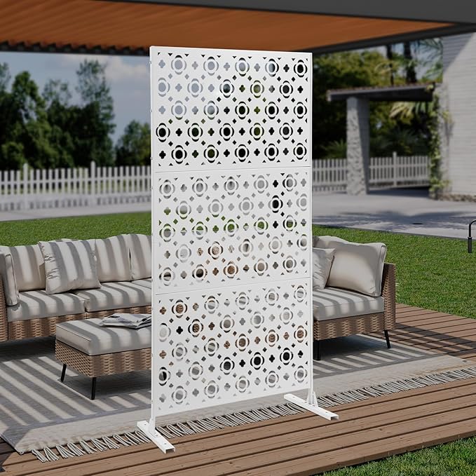 75" H×35" W Decorative Outdoor Privacy Screen with Stand, Outdoor Decor Privacy Fence Screen Metal Fence Panels, Free Standing Metal Divider for Patio Lawn Deck (White-Small Plum Blossom)