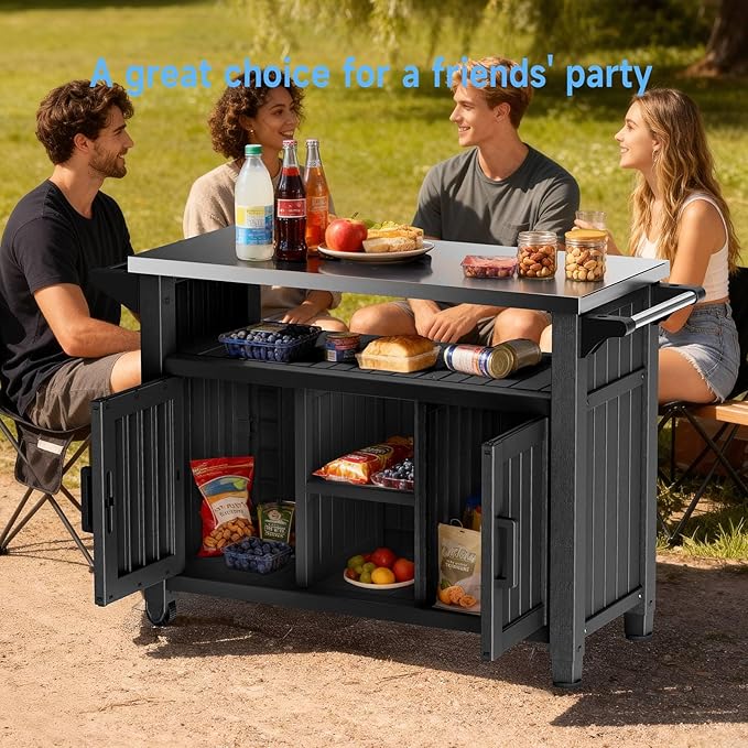 Portable Outdoor Prep Table with Stainless Steel Top – Rolling Storage Cabinet for Patio, BBQ, and Backyard Cooking (Black)