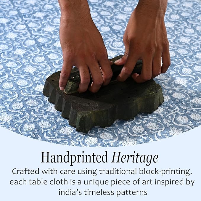 CPC Azure Regal Tablecloth 100% Cotton 60x60 Inch Indian Block Print Rectangle Table Cover, Table Cloth for Gifting in Weddings, Halloween, Fall, Christmas, Thanksgiving