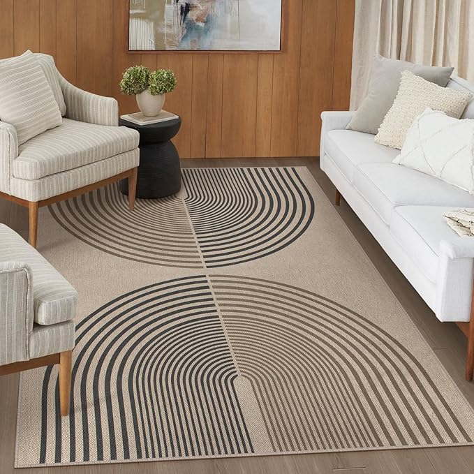 Easy Jute Indoor Outdoor 5x7 Rug, Washable Modern Rainbow Rugs for Living Room, Non-Slip Boho Farmhouse Bedroom Rug Neutral Abstract Floor Carpet for Patio Dining Room Nursery