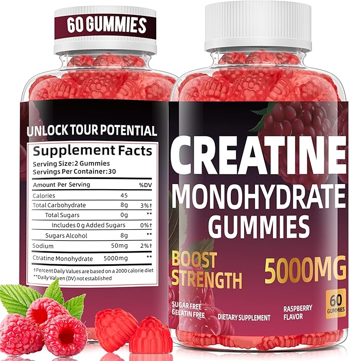 Creatine Monohydrate Gummies for Women & Men,Chew creatine pre Exercise Gummies,Strengthen Muscles,Increase Energy, Replenish Energy Before Exercise,Vegan raspberry-60 Count