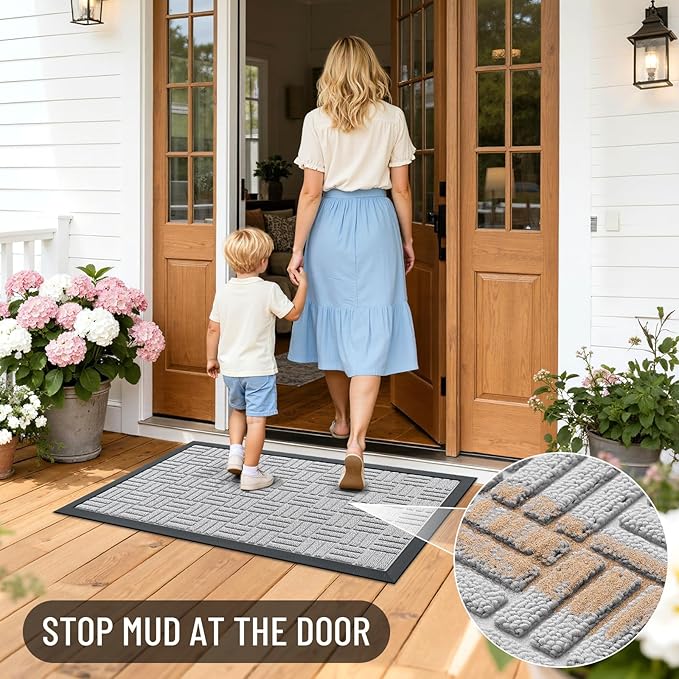 OLANLY Front Door Mat Outside Entrance 33x21, Absorbent, Heavy Duty Sturdy Natural Rubber Doormat Indoor Outdoor, Non-Slip, Stain and Fade Resistant, Low Profile Floor Mat for Entryway, Light Gray