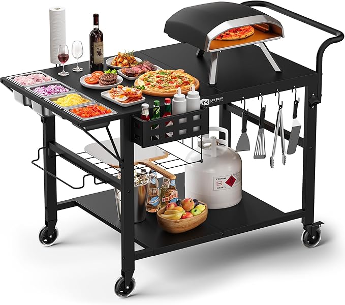 Leteuke Pizza Oven Table, Grill Cart Table for Blackstone Griddle, Outdoor Pizza Oven Stand Fits Ninja, Cuisinart, Gozney, Solo Stove, BBQ Prep Tables Station with Seasoning Tray, 47.2"x27.5"x35.8"