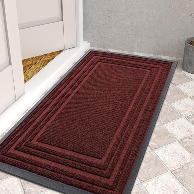 Buganda Front Door Mat Indoor Outdoor Entrance, Non-Slip Natural Rubber Doormats, Easy Clean, Low Profile, Dirt Trapper Entryway Floor Mats for Outside, Garages and Patios, 36x24, Wine Red
