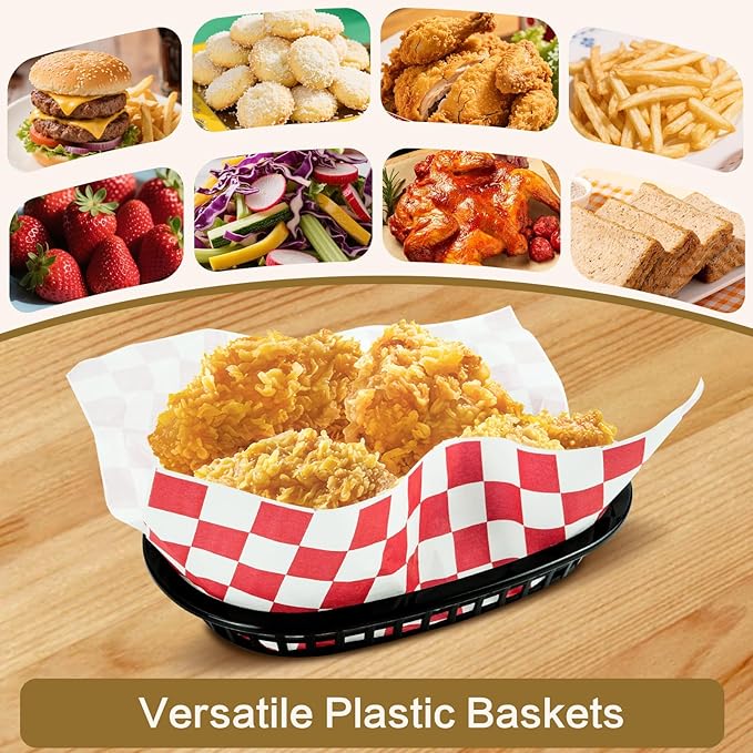 18 Pcs Fast Food Baskets, Black Oval Baskets with 100 Pcs Red Retro Style Checkered Deli Liner, Plastic Food Serving Basket for Hot Dogs, Bread, Fruit, Burgers, Home, Picnic, Restaurants
