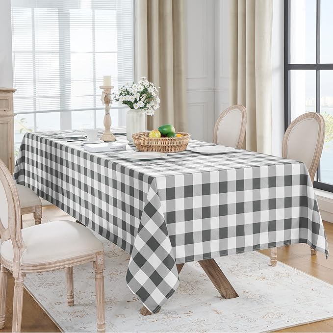 Softalker Gingham Checkered Tablecloth Rectangle - Outdoor Waterproof Buffalo Plaid Table Cloth, Stain Resistant Washable Table Cover for Picnic, Camping, Dining - Grey and White, 60 x 120 Inch