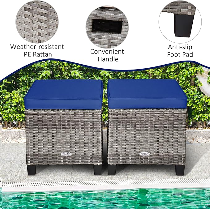 Tangkula 2 Pieces Patio Rattan Ottomans, Outdoor Wicker Footstool Footrest Seat with Soft Cushions and Steel Frame, All-Weather Patio Ottoman Set for Backyard Garden Poolside