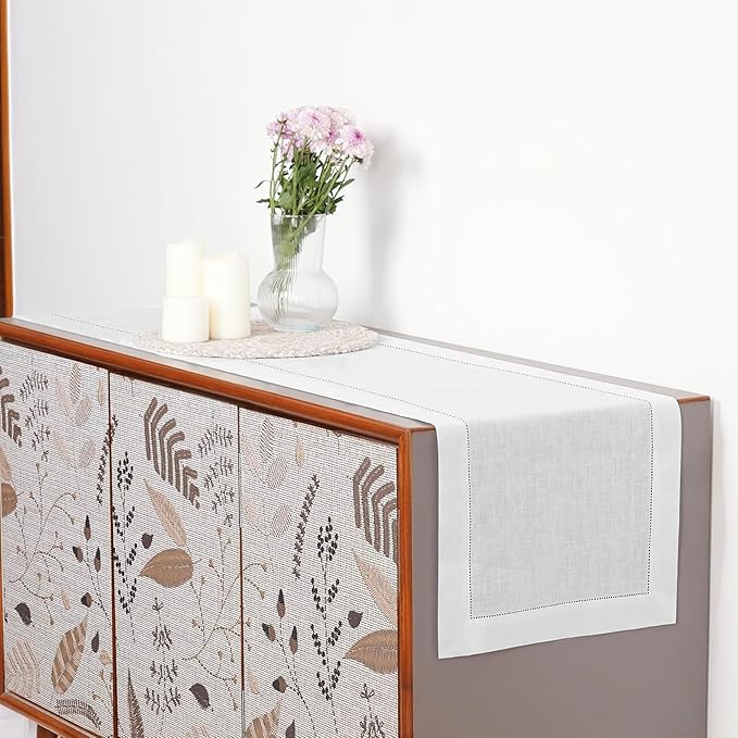 D'Moksha Homes Linen White Table Runner 48 Inches - Classic Hemstitch, 100% Pure Linen Coffee Table Runner 14 x 48 Inch Ideal for Dresser Tables, Valentines, Spring, Easter