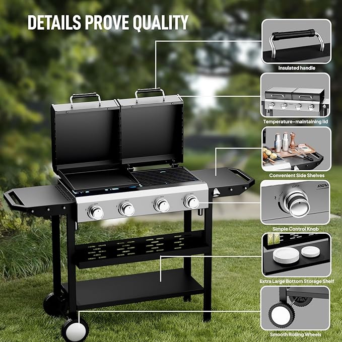 Bonnlo 2 in 1 Propane Flat Top Grill and Griddle Combo with Lid, Powerful 40,000 BTU Grills with Side Shelves & Integrated Ignition, 4 Burners Grill with Movable Wheels for Outdoor BBQ Camping Use