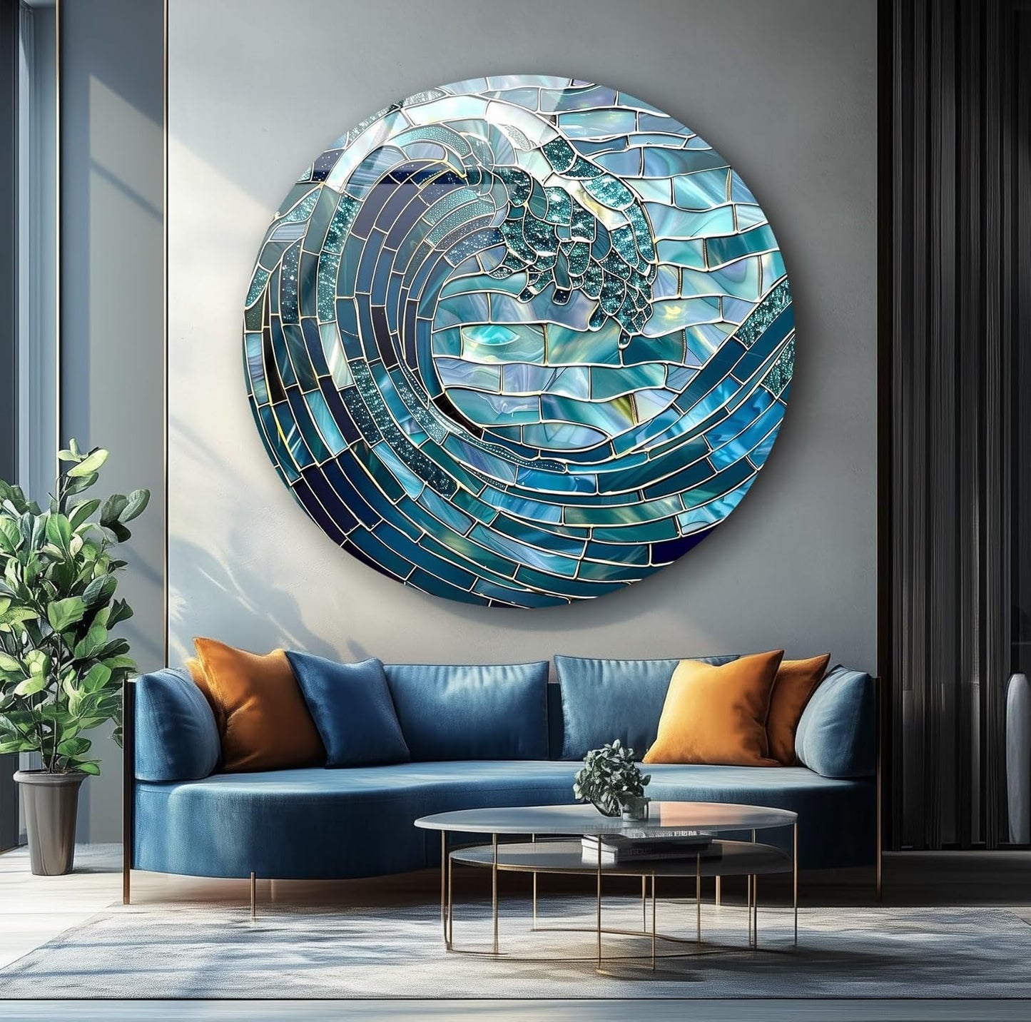 My Photostation.com 15.8''(40cm) Diameter Ocean Wave in Blue Mosaic Round Glass Wall Art Tempered Glass Printing Wall Decor Large Wall Art Wall Hangings