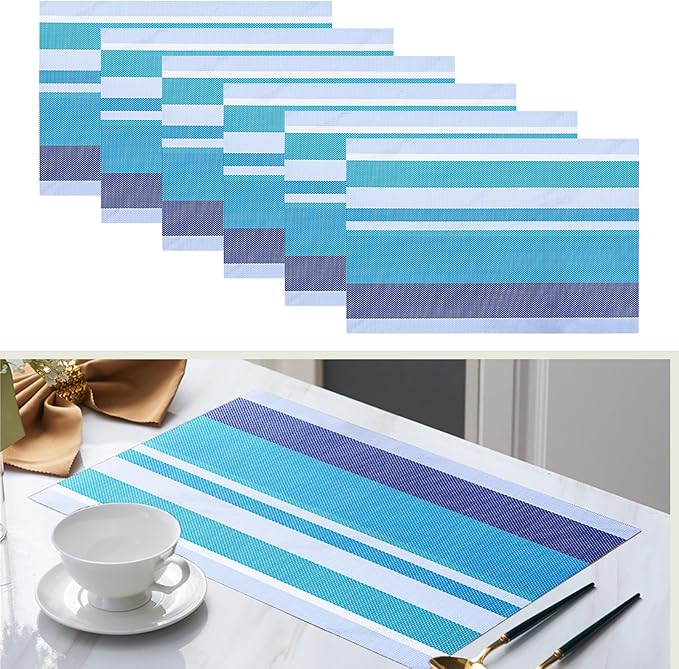 Set of 6 Colorful Striped Vinyl Placemats Heat-Resistant Washable Placemats Non-Slip Woven Table Mats Wipeable Placemat for Kitchen Dining Table Decoration Indoor Outdoor (Ocean Blue)