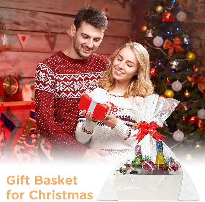 Tuanse 30 Pcs Basket for Gift Empty DIY Bulk Gift Basket Kit with Handle Kraft Cardboard Tray with 30 Bag 30 Bow Market Tray for Wedding Party(White,12.6 x 9.8 x 5.9 in)