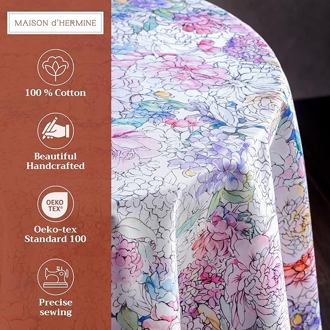 Maison d' Hermine Table Cloth Round Table 100% Cotton 69 Inches Tablecloth Reusable Decorative Everyday Use for Dining Room, Farmhouse, Home, Party, Festive & Wedding Spring Summer - Floral Love