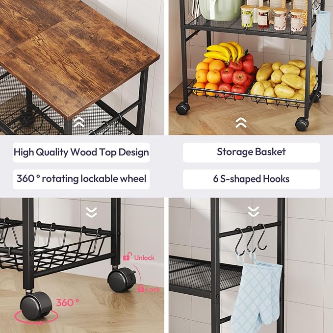 SWTYMIKI Rolling Kitchen Microwave Cart - 3 Tier Microwave Table Stand with Storage Basket and Hooks, Kitchen Utility Cart on Wheels, Coffee Cart Shelf Rack Organizer for Living Room Office, Balcony